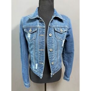 Mudd Distressed Denim Jacket Womens Size Small‎ Fitted Stretch Blue Jean Jacket